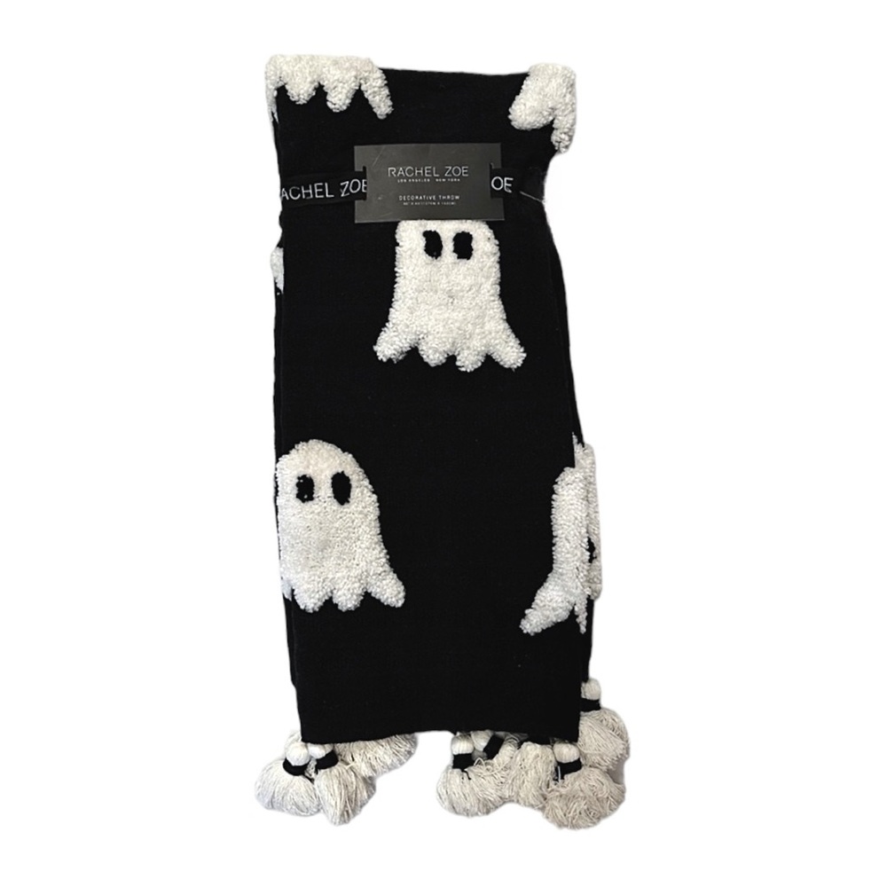 NWT Rachel Zoe Halloween Throw Blanket Black Tufted Ghosts Tassel Cottagecore